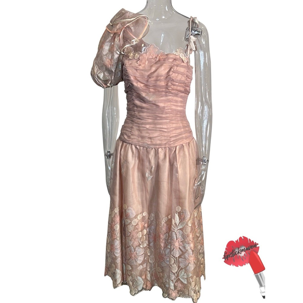 Vintage Party Dress Women 8 Pink‎ Floral Ruffle Puff Sleeve Girly